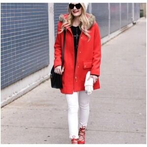 J.Crew Wool Coat Hooded Red Winter Warm Removable Faux Fur‎ Trim Jacket Women's